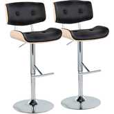 Lombardi Adjustable Swivel Bar Stool in Chrome, Natural Wood & Black Leatherette (Set of 2)